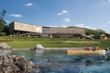 Architekturvisualisierung des The Cormorant at 55 South in Puerto Williams, Chile, mit Kajakfahrern auf dem Wasser.