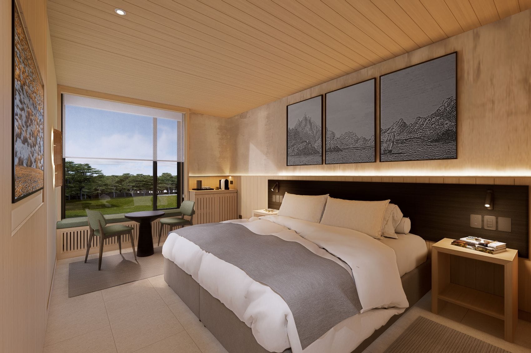 Visualisierung eines Gästezimmers im The Cormorant at 55 South in Chile mit Doppelbett, Holzverkleidung und Sitzbereich am Fenster.