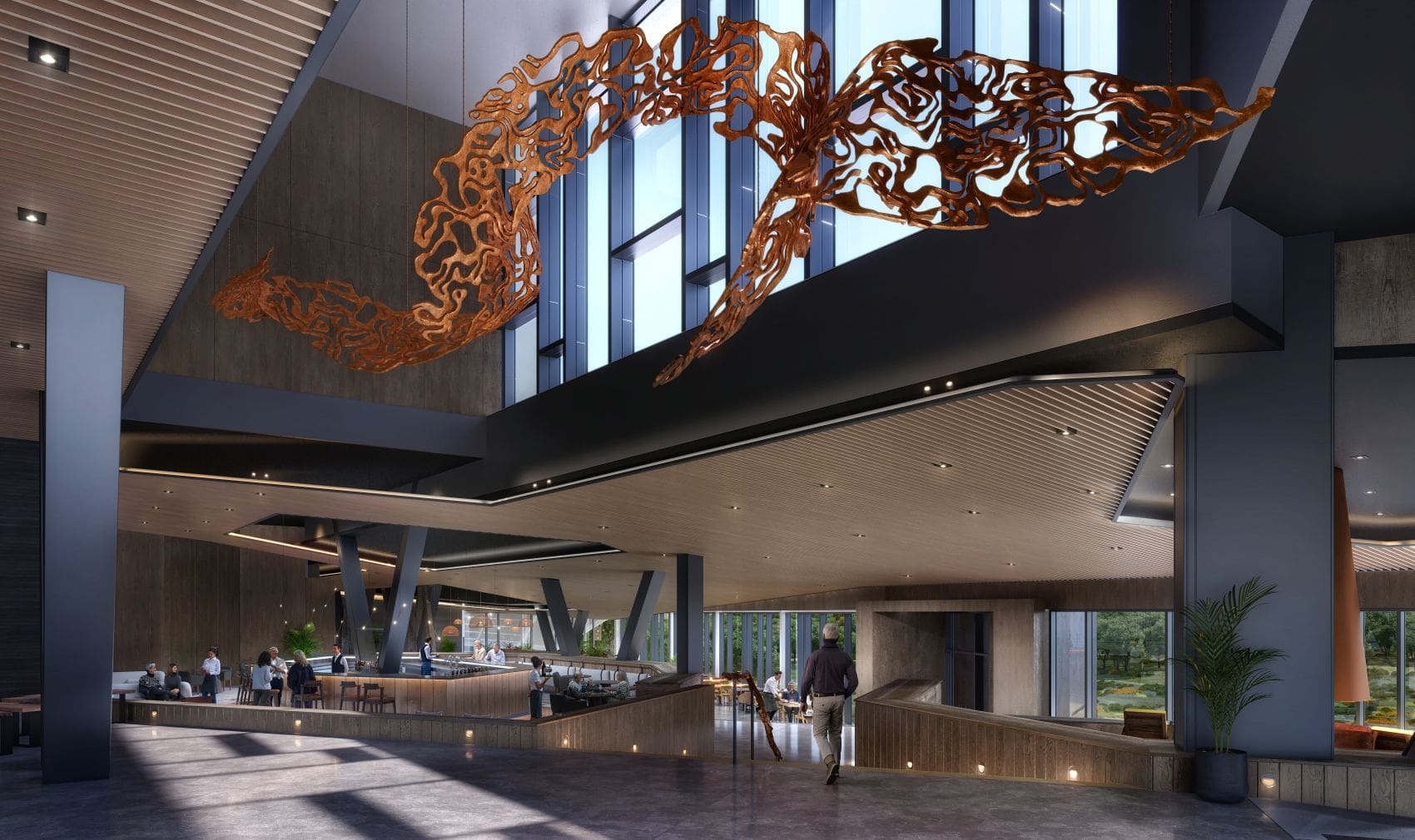 Visualisierung der Lobby im The Cormorant at 55 South in Chile mit kupferfarbener Kunstinstallation, hohen Decken und offenem Barbereich.