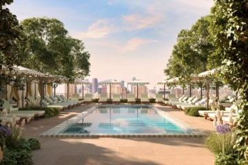 Visualisierung des Dachpools im The Knox, Auberge Collection, in Dallas mit Sonnenliegen, Cabanas und Blick auf die Skyline.