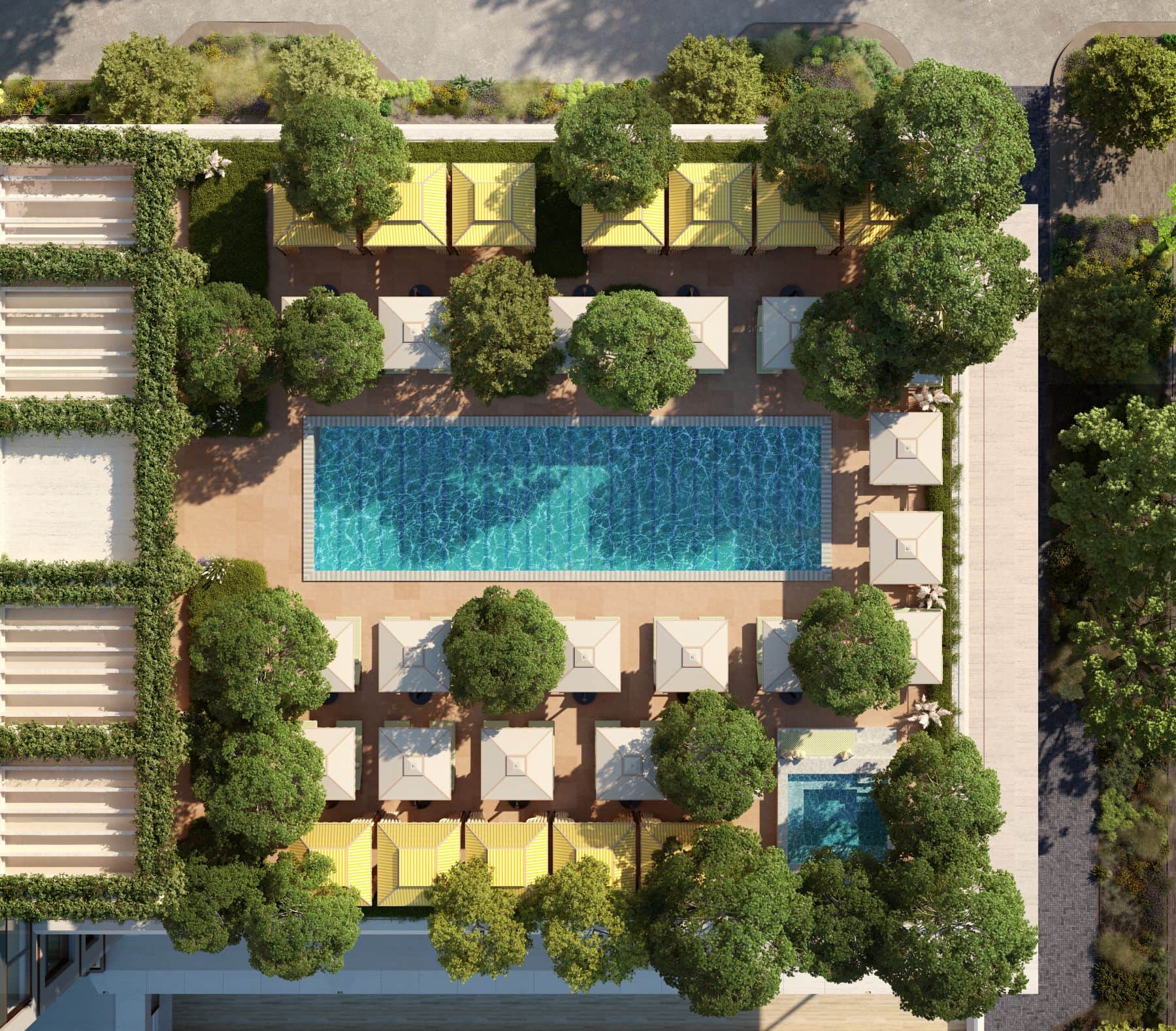 Visualisierung der Dachterrasse des The Knox in Dallas aus der Vogelperspektive mit Swimmingpool, Sonnenliegen, Cabanas und zahlreichen Bäumen.