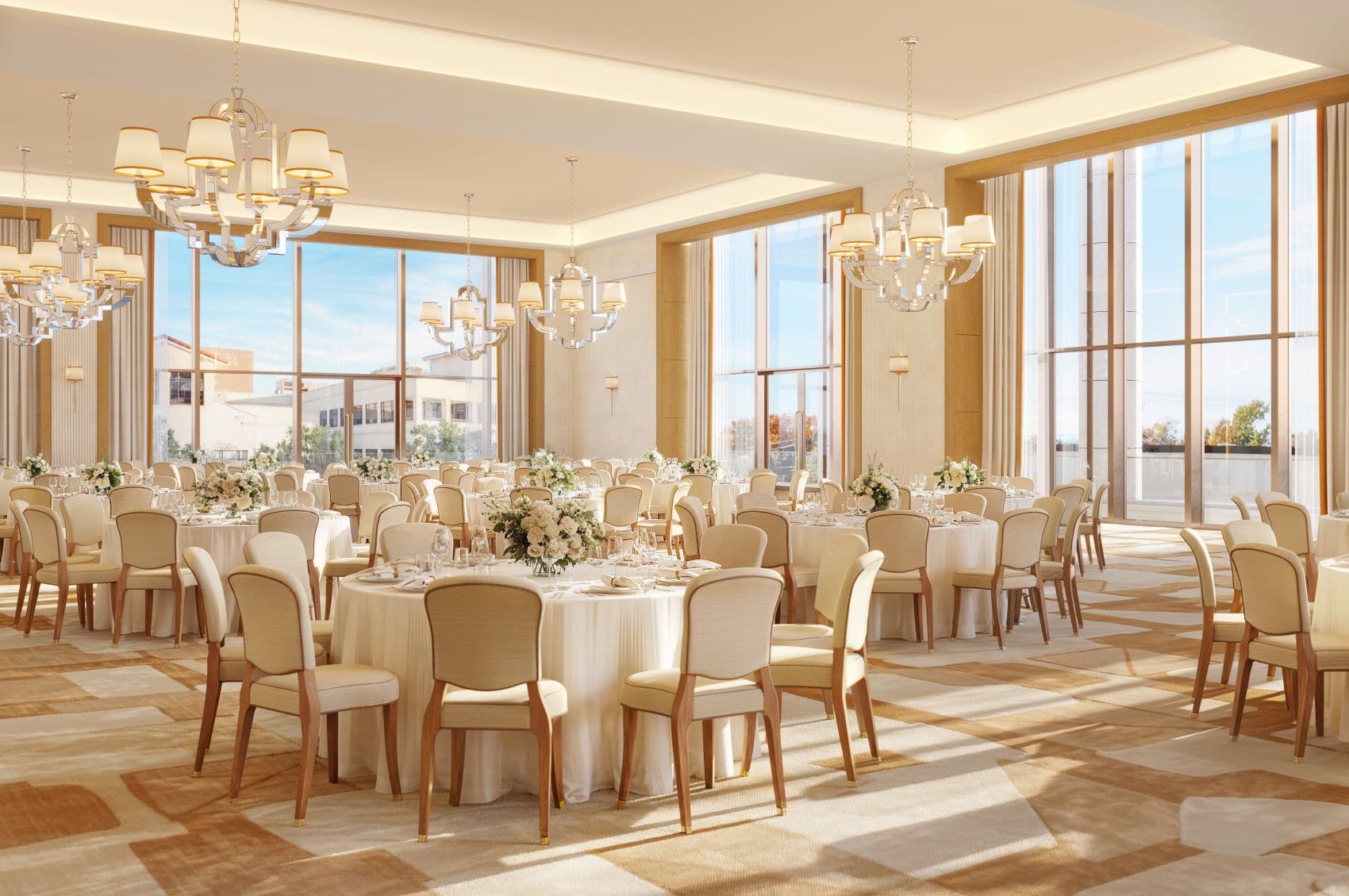 Visualisierung des Great Room im The Knox in Dallas mit festlich gedeckten runden Tischen, großen Kronleuchtern und bodentiefen Fenstern.