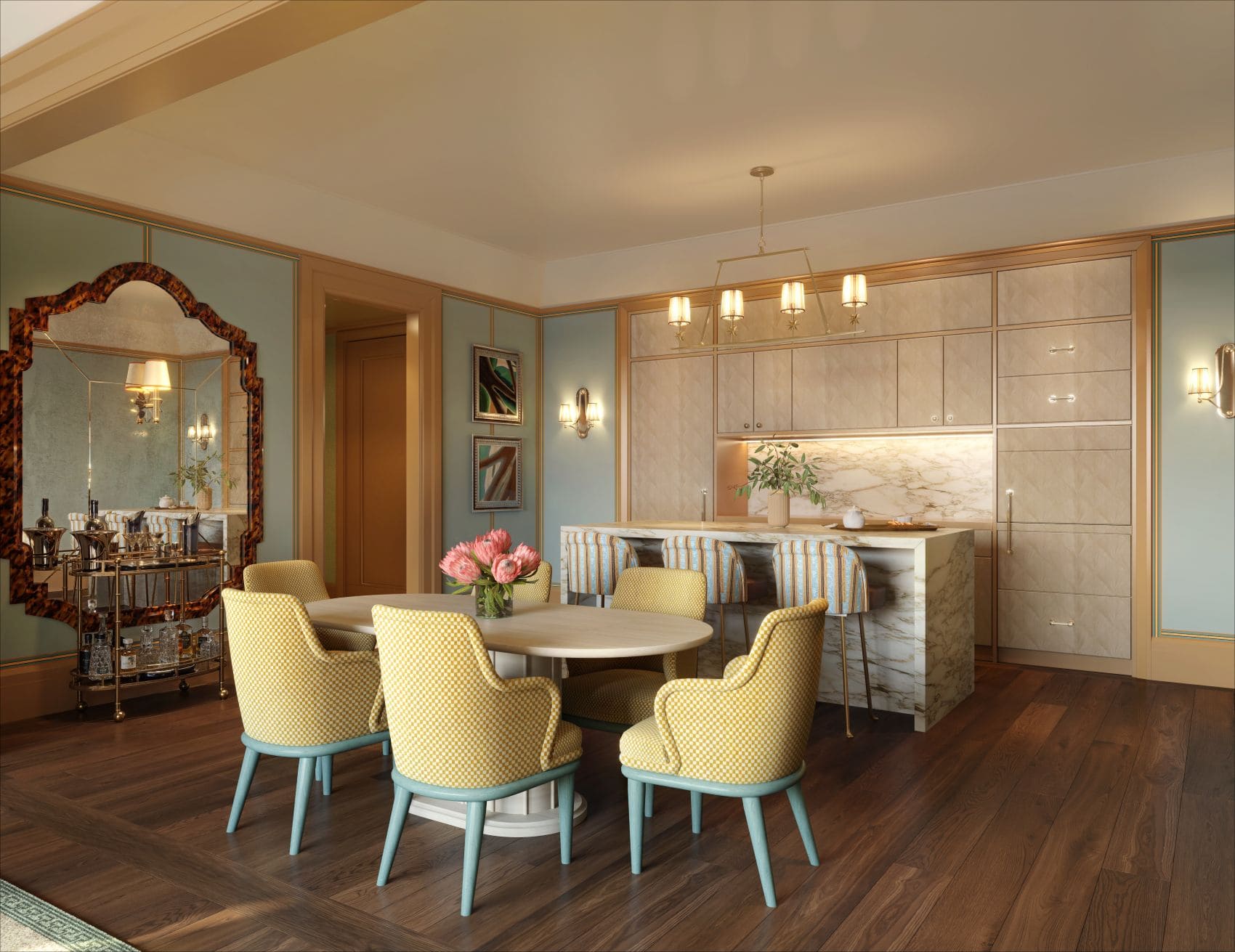 Wohn- und Essbereich einer Suite im The Knox in Dallas mit Marmorküche, ovalem Esstisch, gemusterten Polsterstühlen und dekorativem Spiegel.