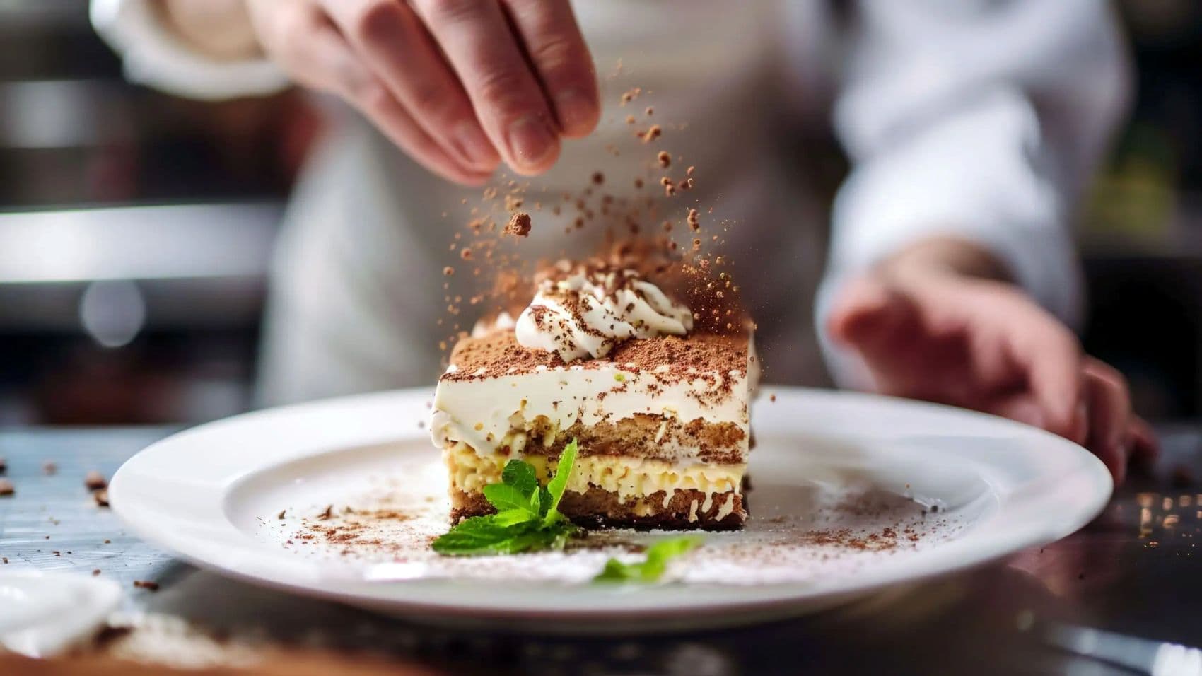 Patissier bestäubt ein geschichtetes Dessert auf einem weißen Teller mit Kakaopulver.