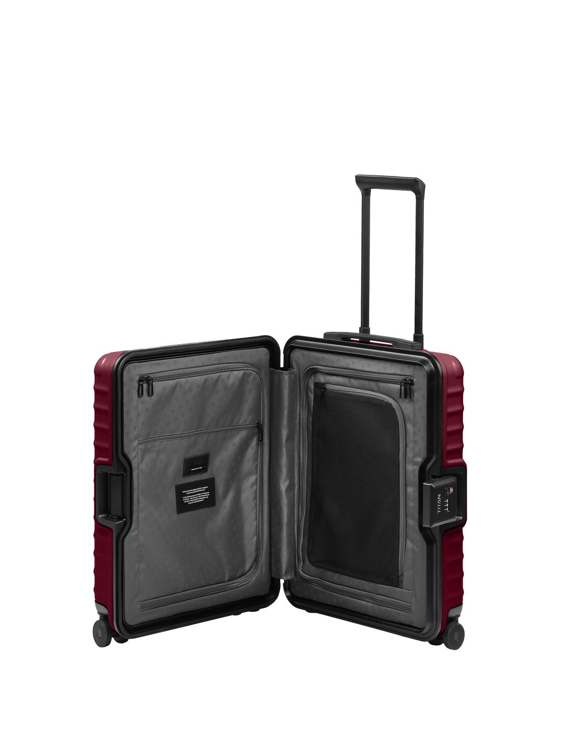 Geöffneter Handgepäckkoffer TITAN OVERSEAS S20 mit Innenfächern und Packgurten
