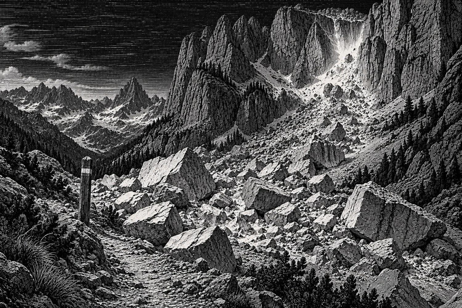 Holzstich-Illustration: Wanderweg in einem Dolomitental, verschüttet von frisch abgestürzten Felsblöcken. Links steht ein Wegpfahl, im Hintergrund die helle Abbruchstelle in der Felswand.