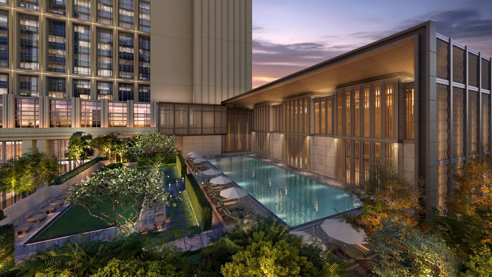 Visualisierung des Außenpools im Waldorf Astoria Kuala Lumpur mit Liegestühlen, Sonnenschirmen, begrünten Terrassen und beleuchteten Hotelfassaden.