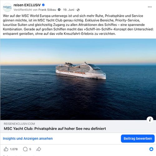 Facebook-Post zu MSC Yacht Club